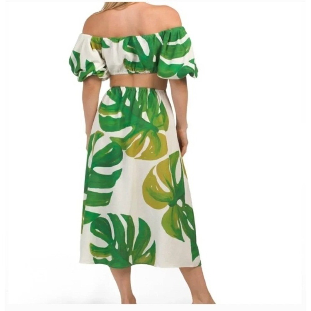Farm Rio Linen Blend Monstera Midi Dress Tropical Resort Vacation | Size M - Picture 10 of 12